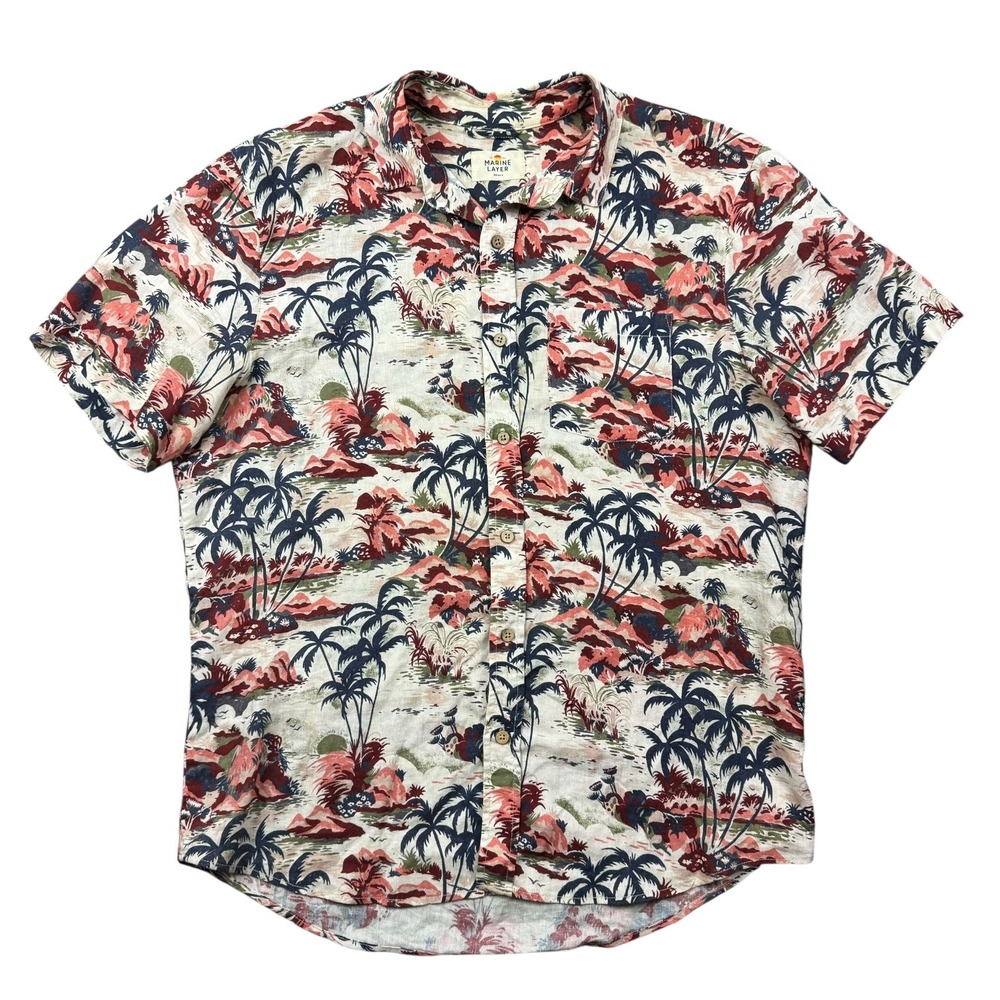Marine Layer Shirt Men Small Linen Blend Short Sleeve Button Up Palm Tree Resort